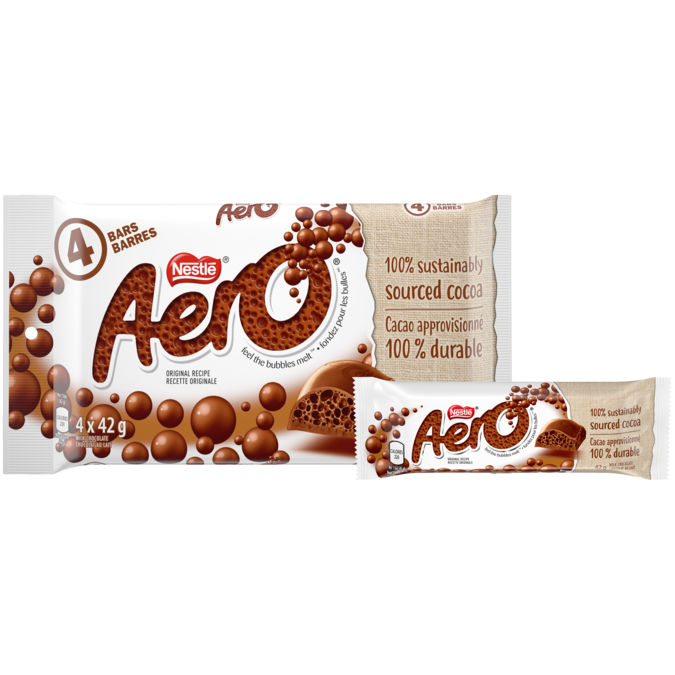 AERO Milk Chocolate, multipack, 4 x 42 gram portions. 100% sustainably sourced cocoa.