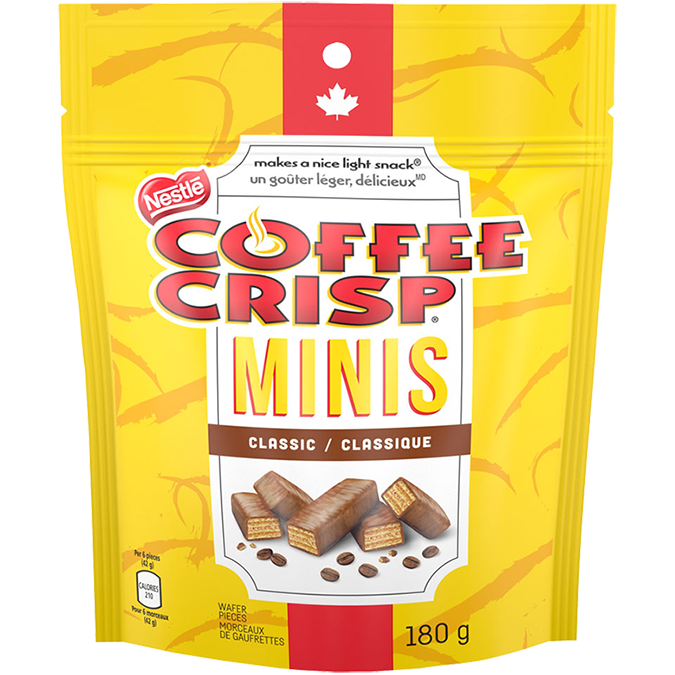 NESTLE COFFEE CRISP Chocolate Minis, Resealable Bag, 180 grams.