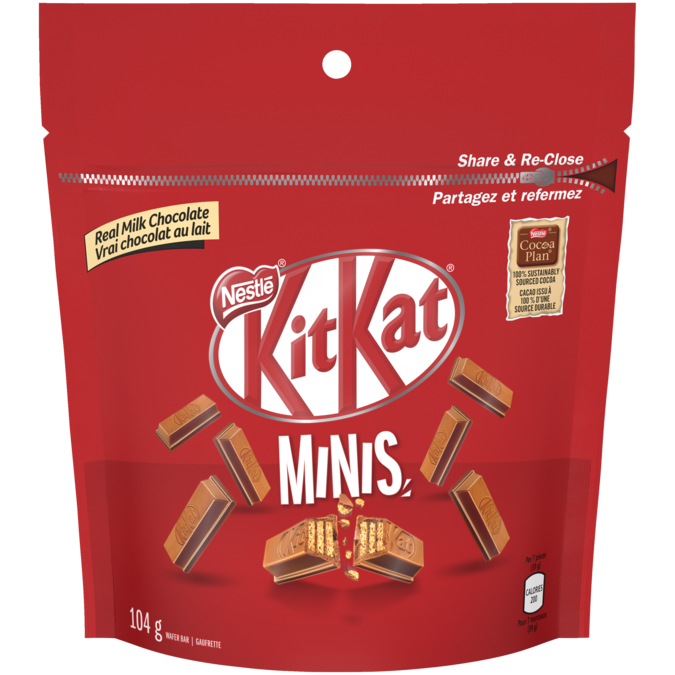 KIT KAT Chocolate Minis, Resealable Bag, 104 grams.