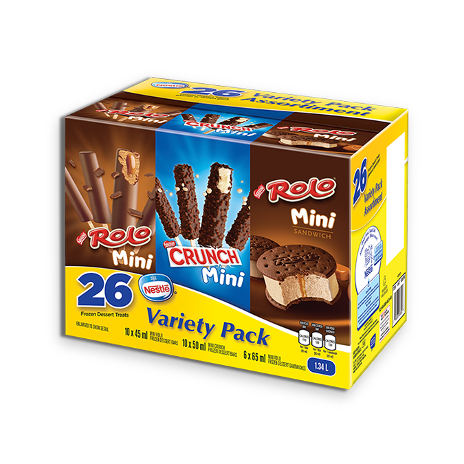 Confectionery Frozen Variety Pack: 10 x 45 ml Rolo bars, 6 x 65 ml Rolo Sandwiches, 10 x 50 ml Crunch bars. 